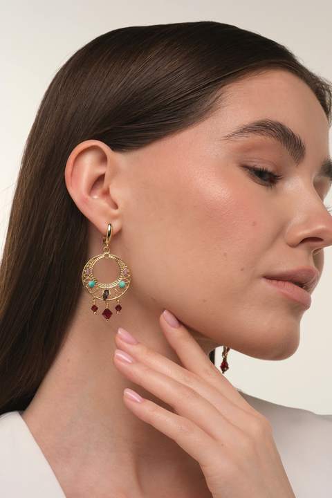 Серьги «Восток» с бирюзой, аметистом и гранатом · 5,5 см