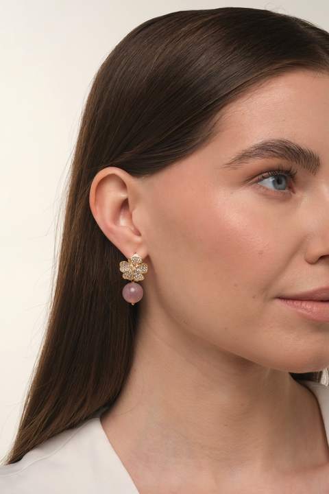 Серьги «Цветок» из латуни с розовым кварцем
