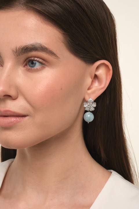 Серьги «Цветок» из латуни с аквамарином